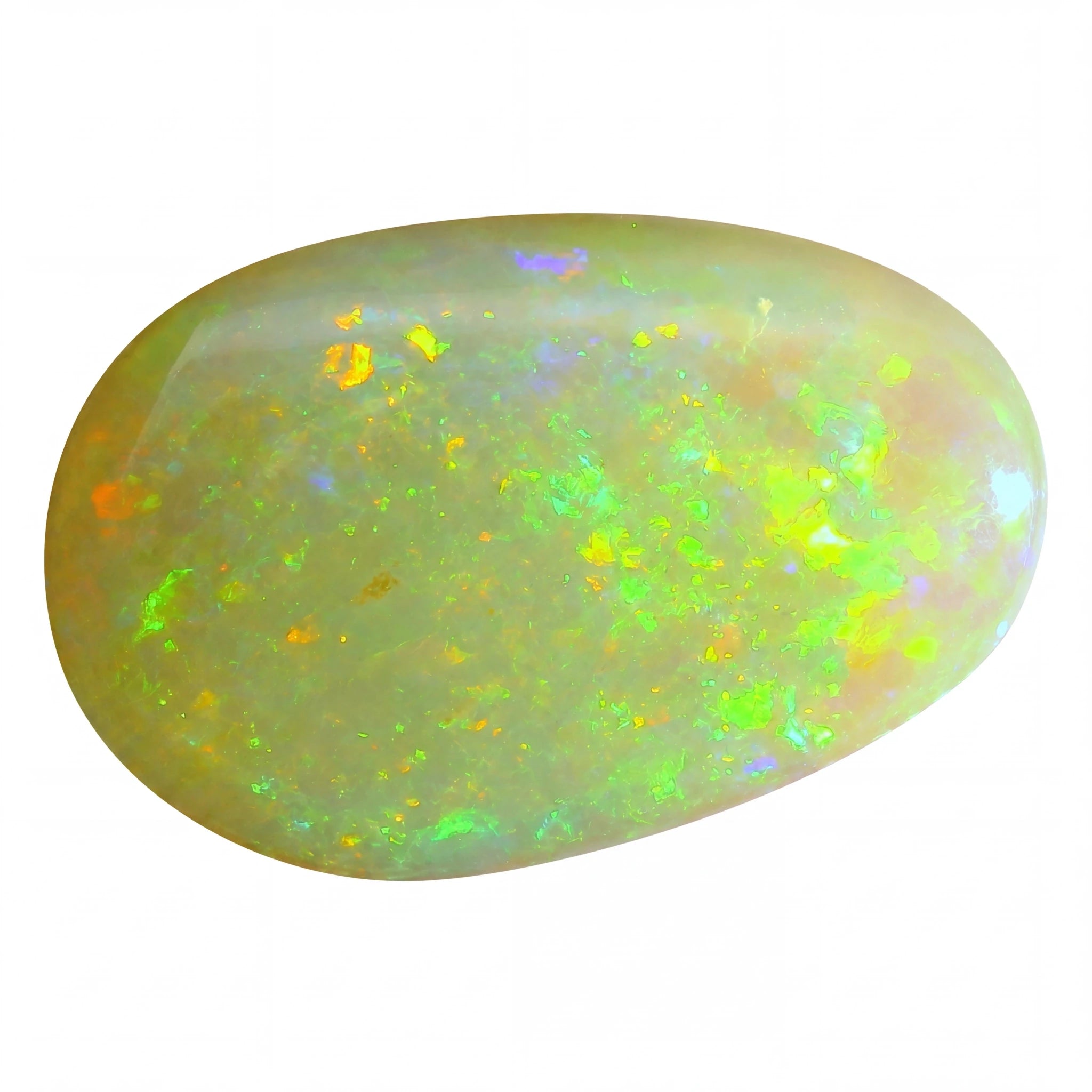 Opal stone with multicoloured fluorescence on a white background