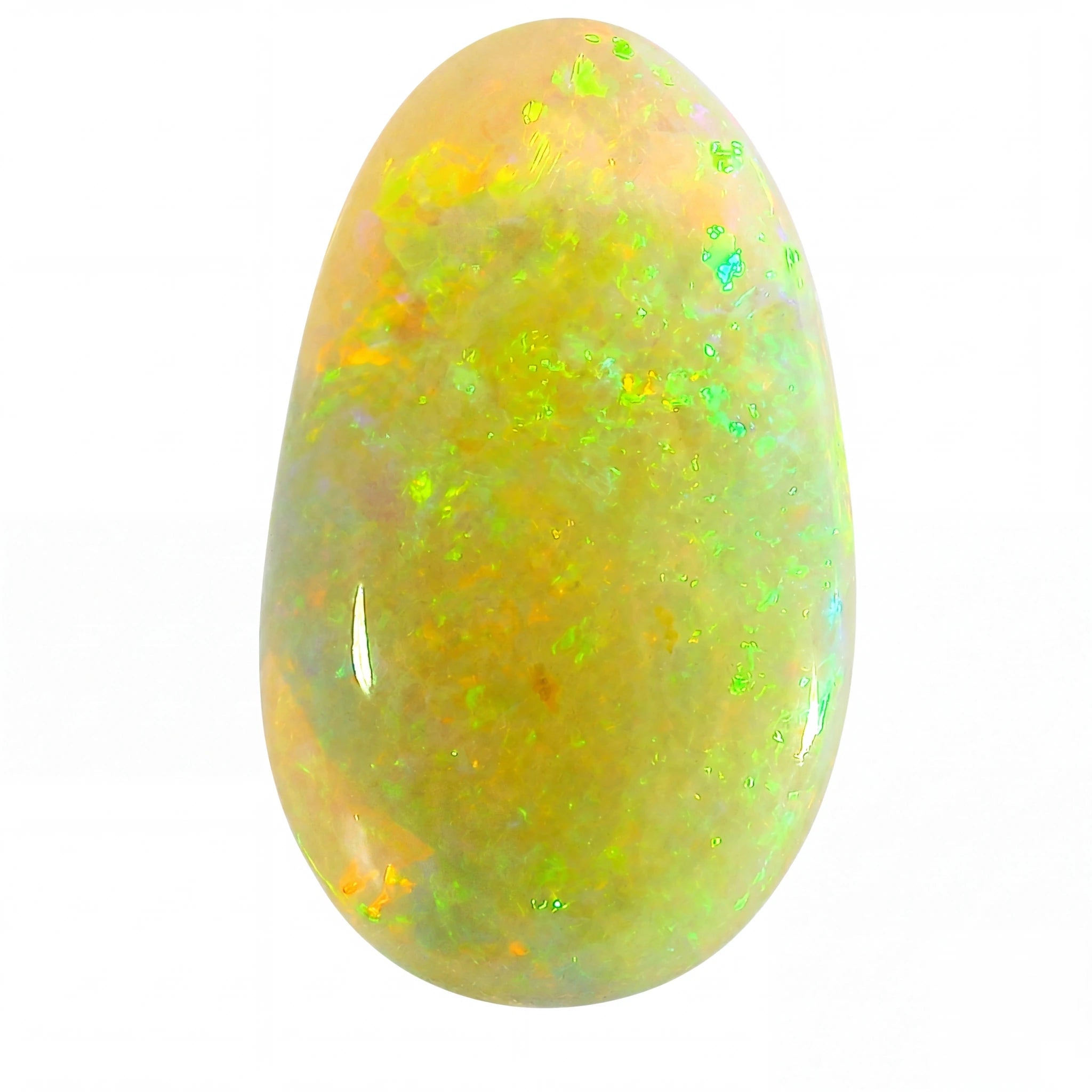 Opal stone with green and yellow fluorescence on a white background
