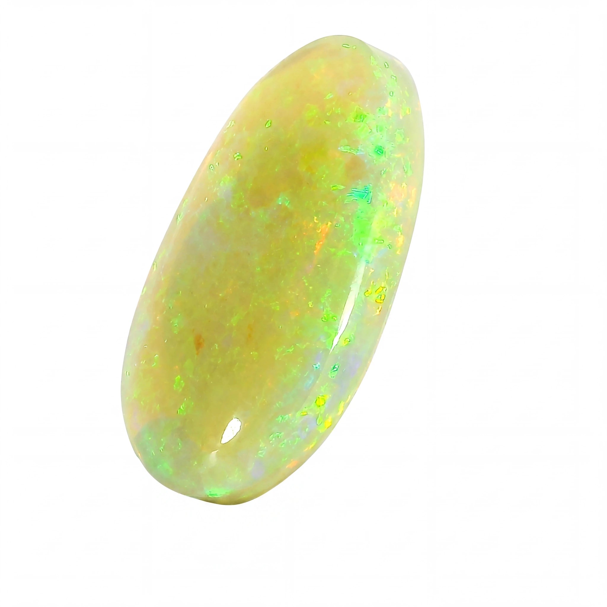 Opal stone with green and yellow fluorescence on a white background