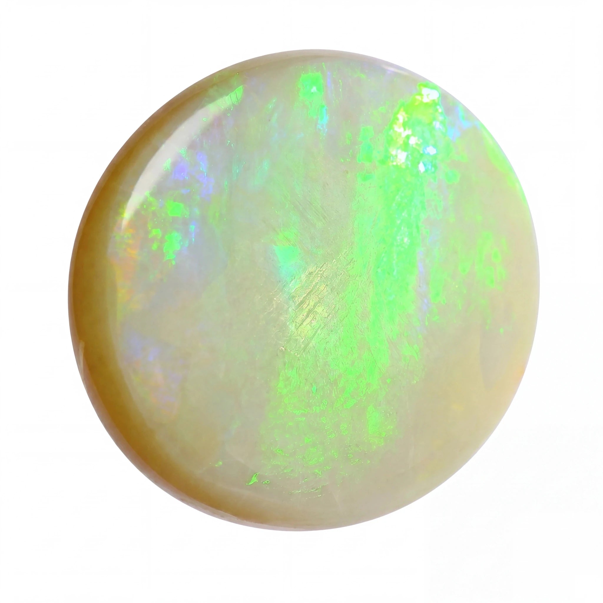 Opal stone with green and white colours on a white background