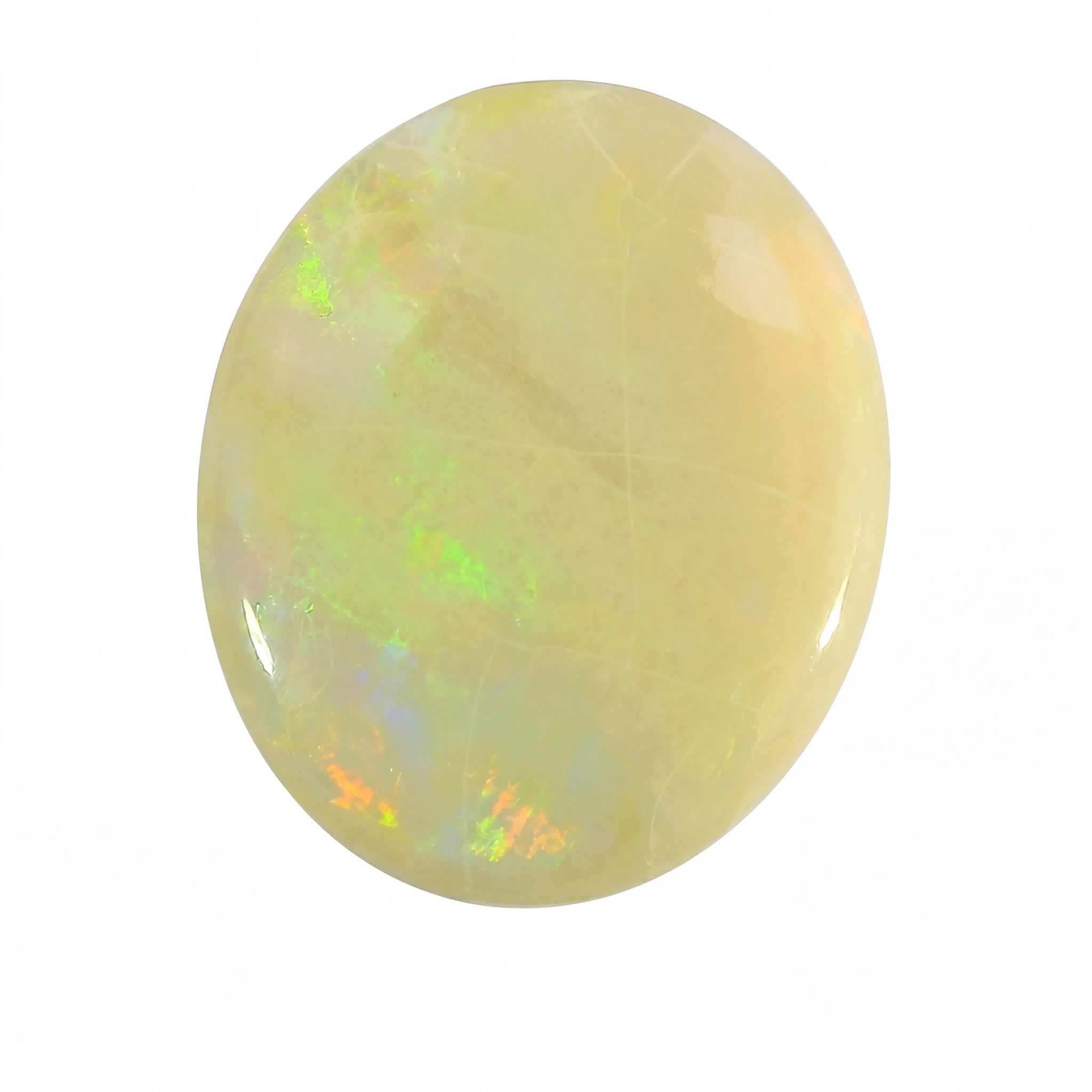 Oval-shaped opal gemstone on a white background