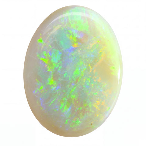 Opal stone with vibrant green and blue colours on a white background