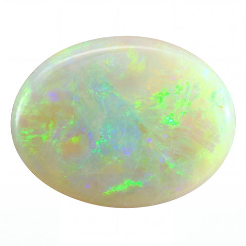 Opal stone with multicoloured play of light on a white background