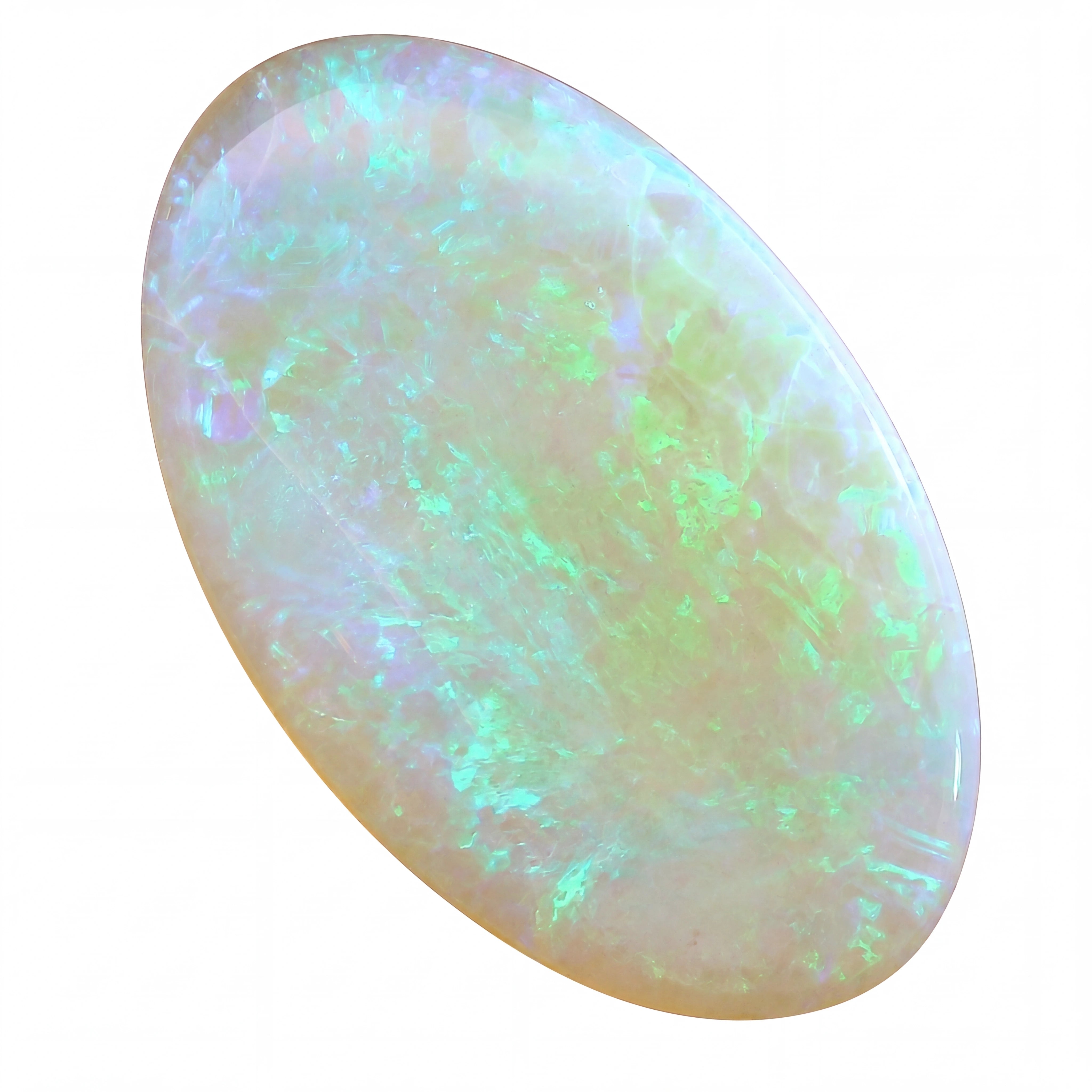 Oval-shaped opal gemstone with multicolour play of light on a white background