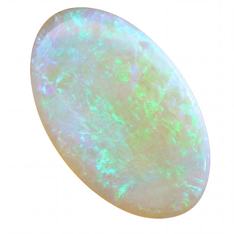 Oval-shaped opal gemstone with multicolour play of light on a white background