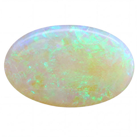 Oval-shaped opal gemstone on a white background