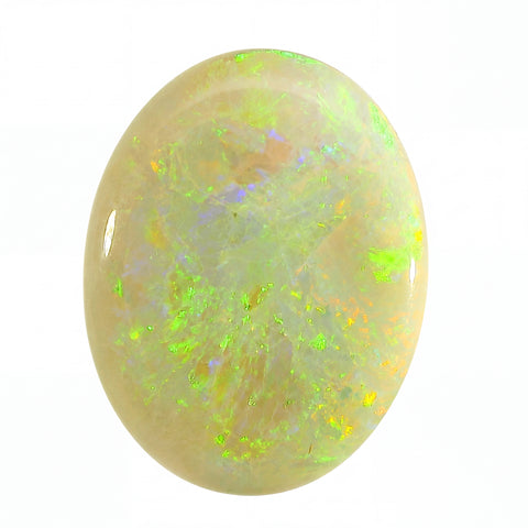 Opal stone with green and yellow fluorescence on a white background