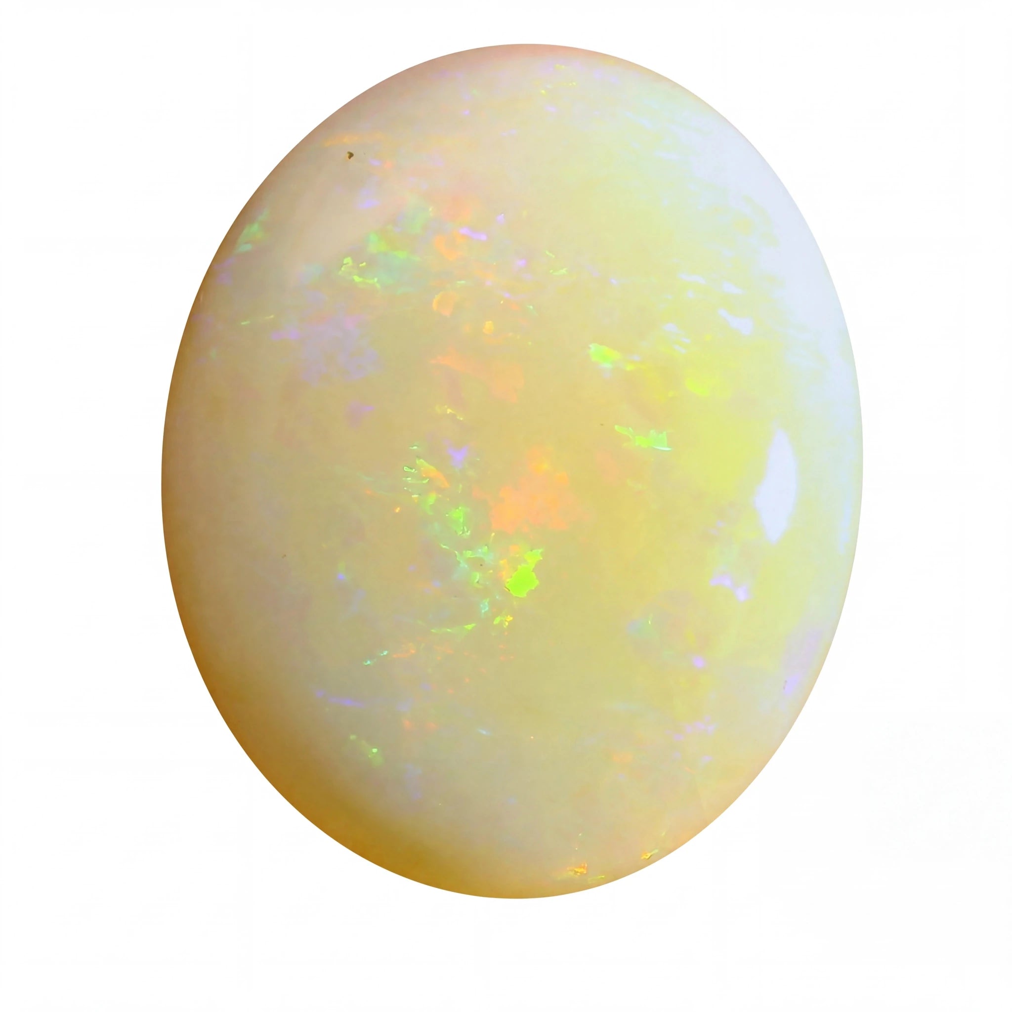 Opal stone with multicoloured play of light on a white background