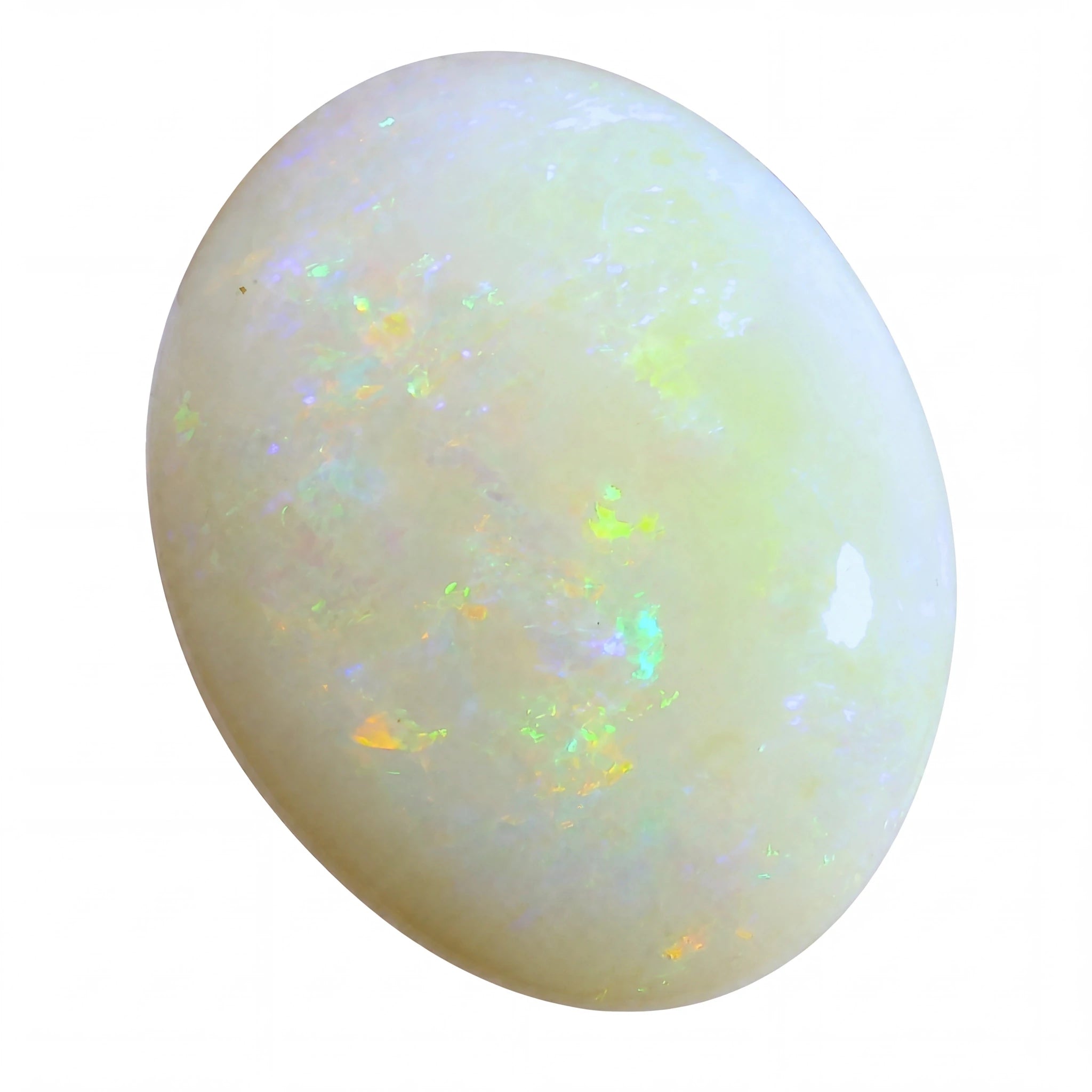 Opal stone with multicoloured play of light on a white background