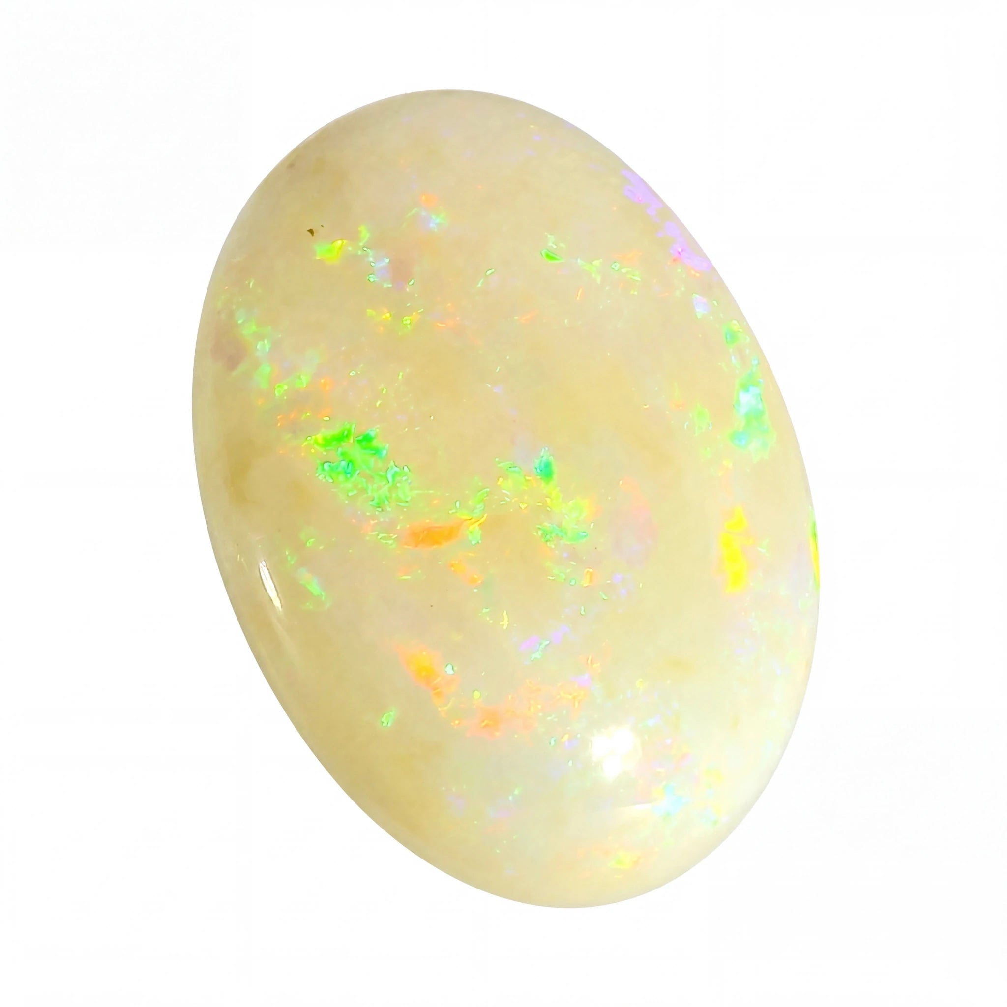 Opal stone with coloуrful specks on a white background