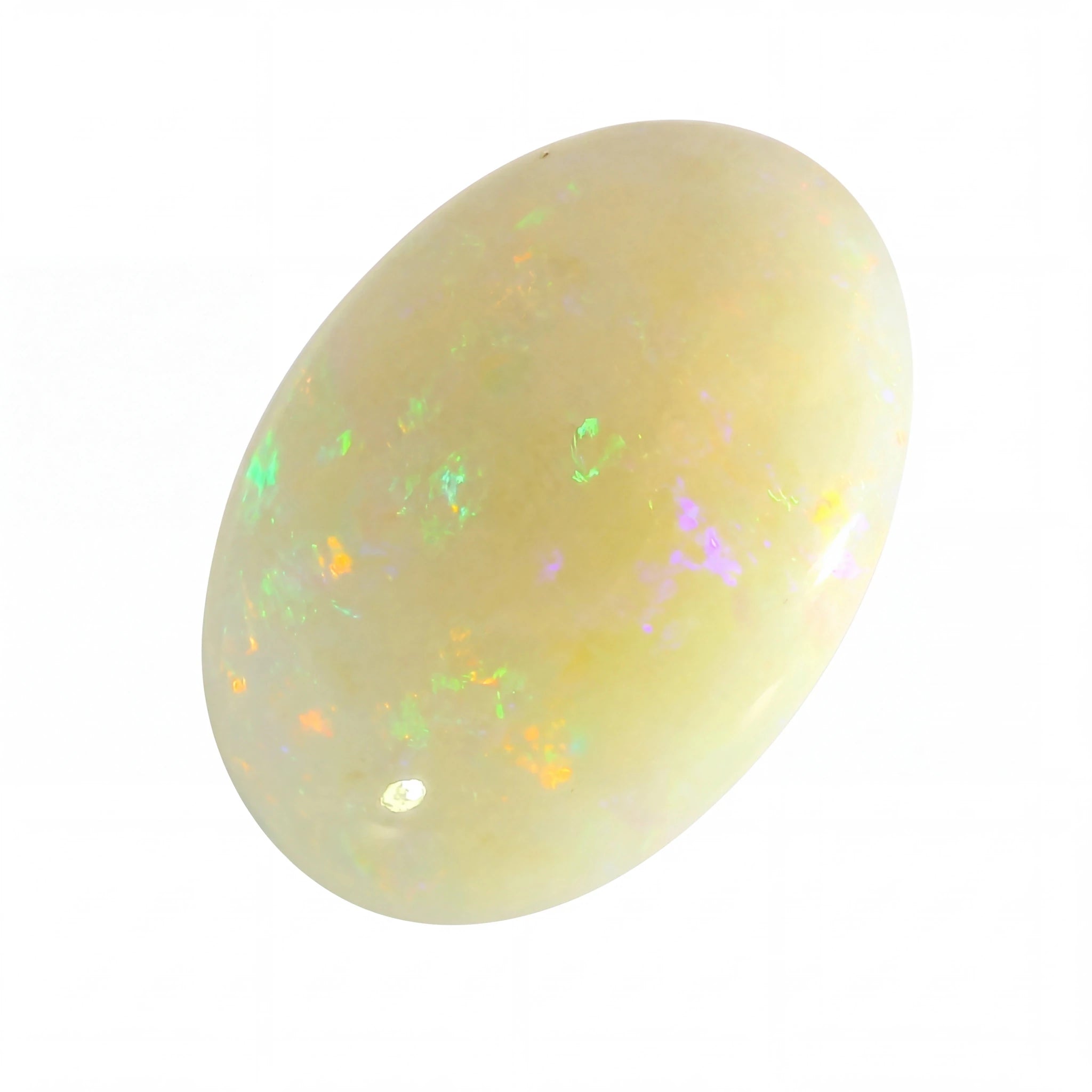 Opal stone with multicoloured flashes on a white background