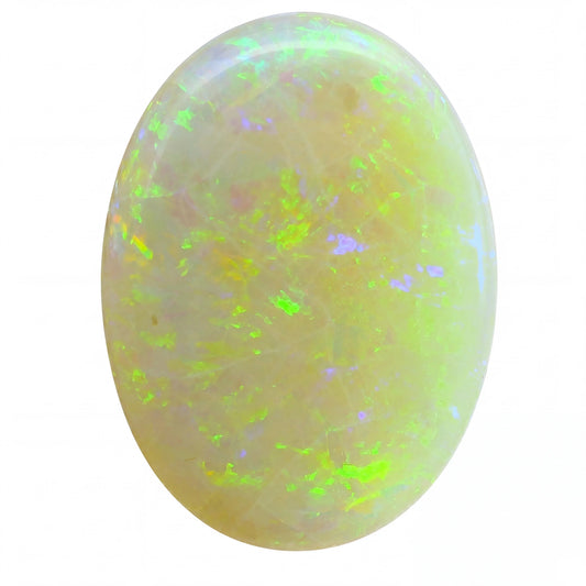 Opal stone with green and white colours on a white background