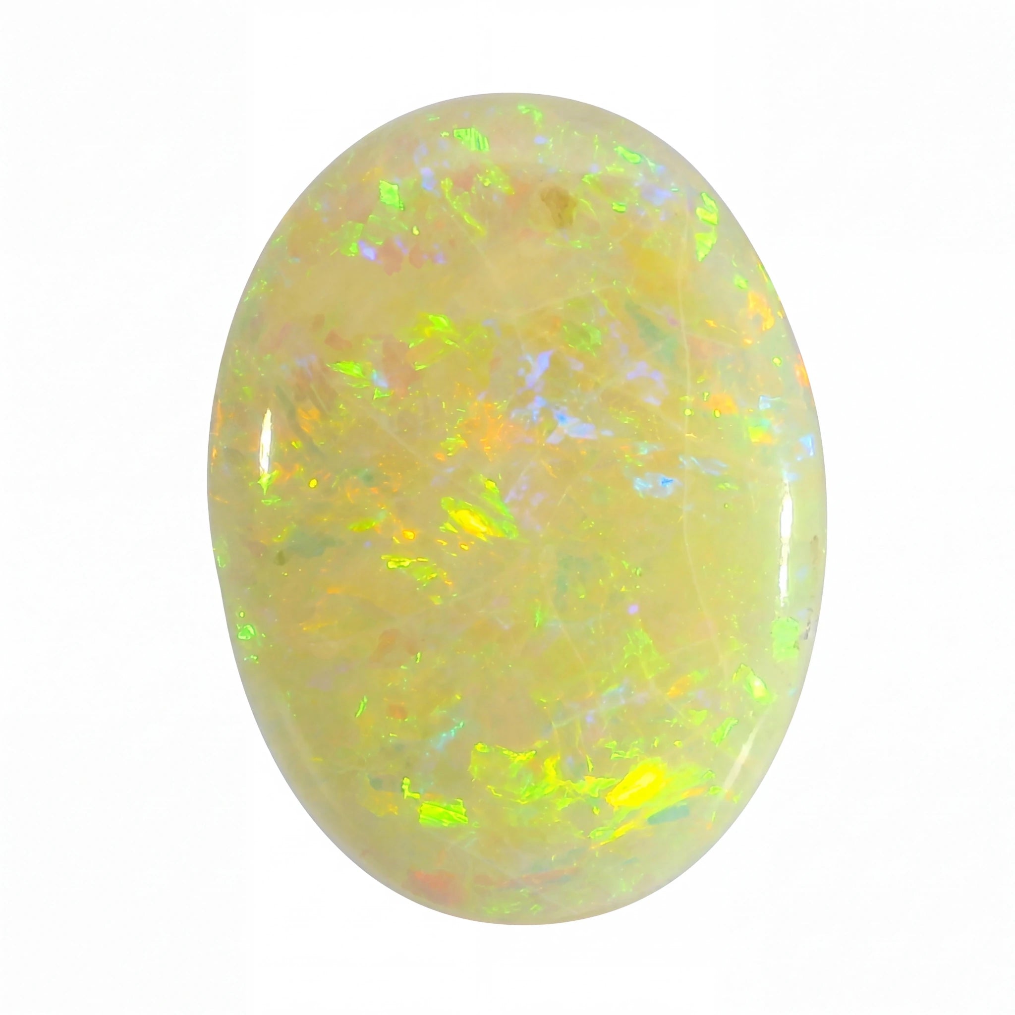 Oval-shaped opal stone with multicoloured play of light on a white background