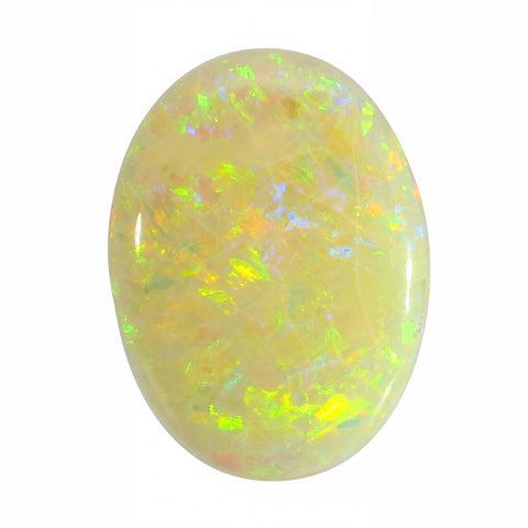 Oval-shaped opal stone with multicoloured play of light on a white background