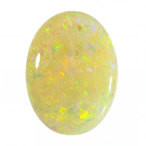 Oval-shaped opal stone with a bright yellow and green colour on a white background