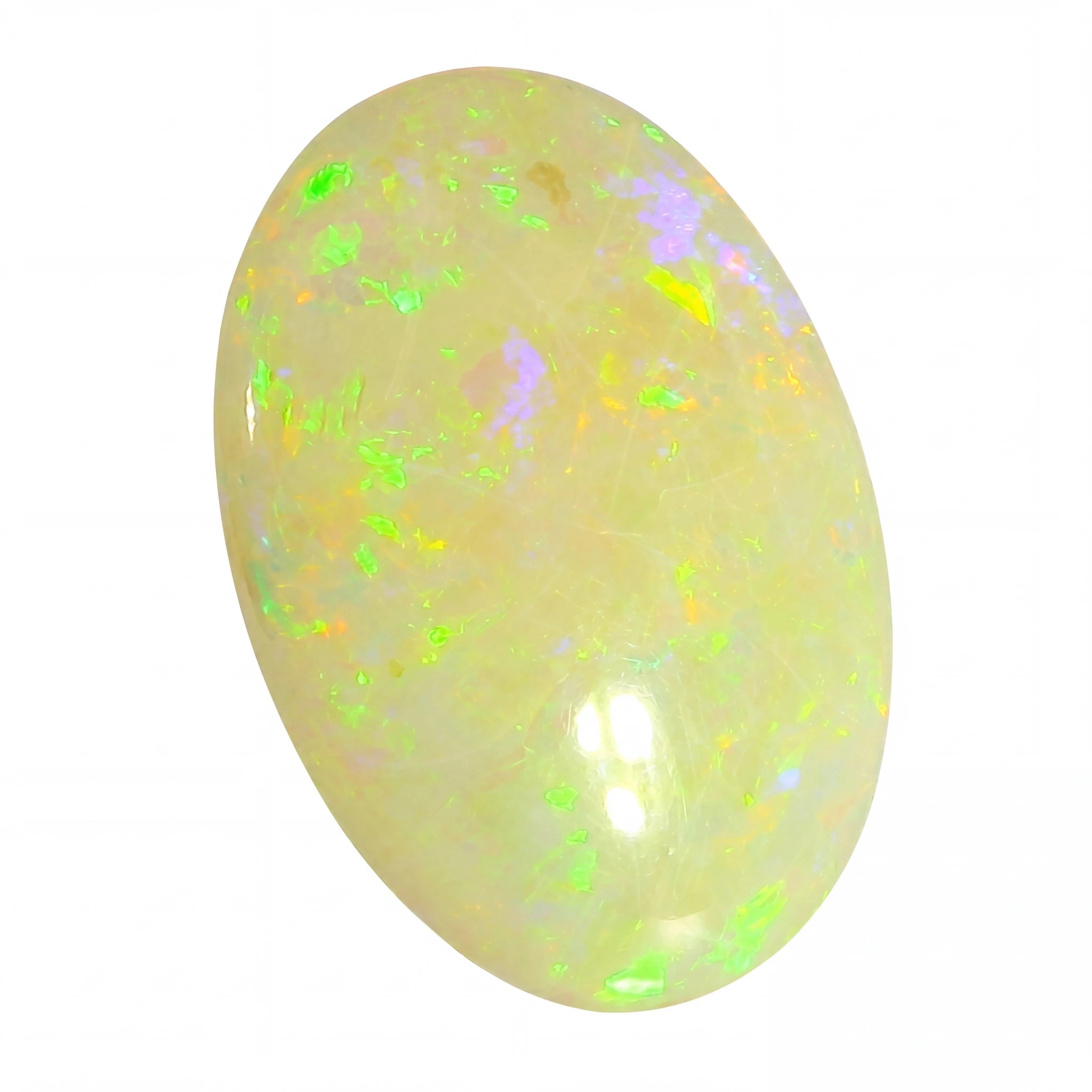 Oval-shaped opal stone with multicoloured fluorescence on a white background