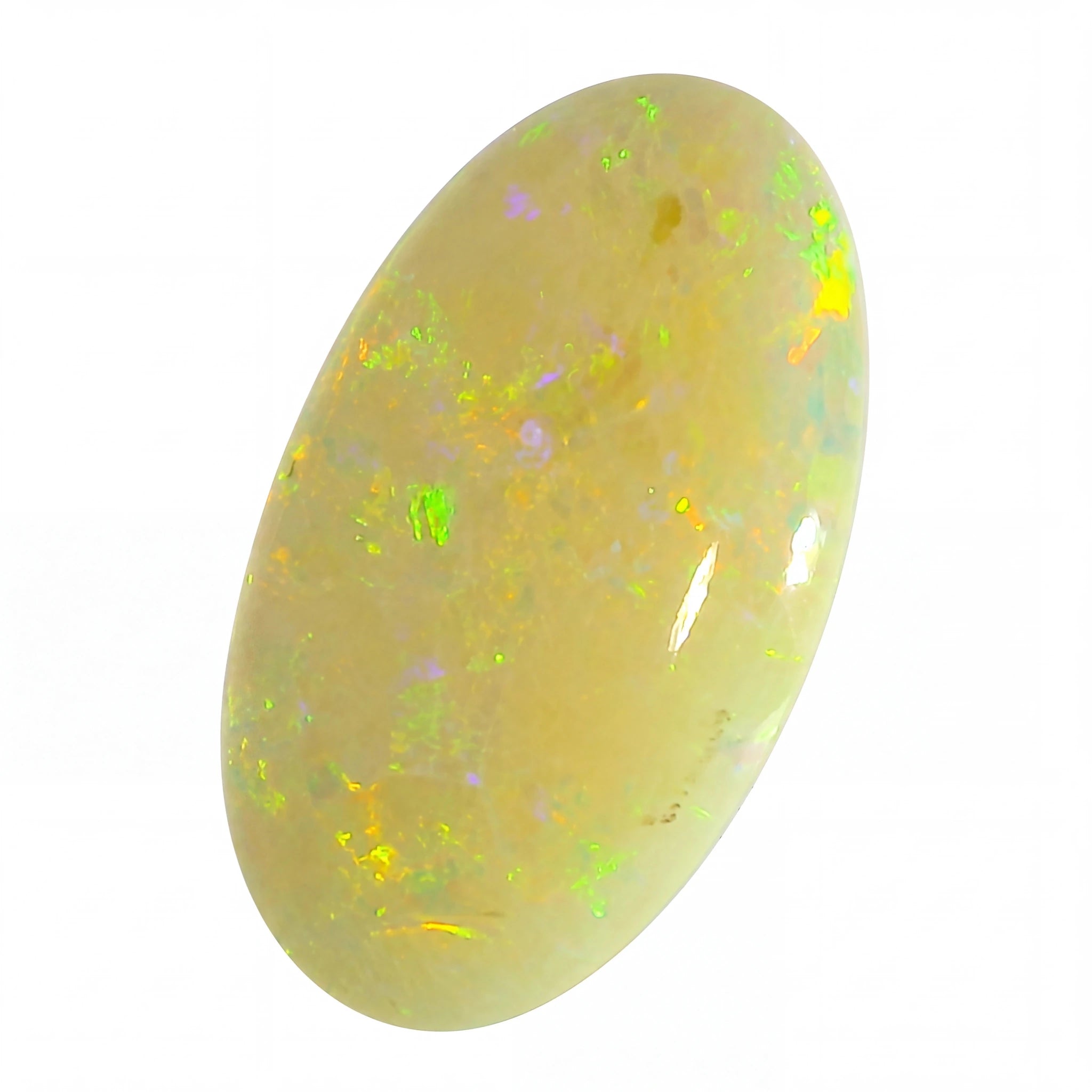 Opal stone with multicoloured speckles on a white background