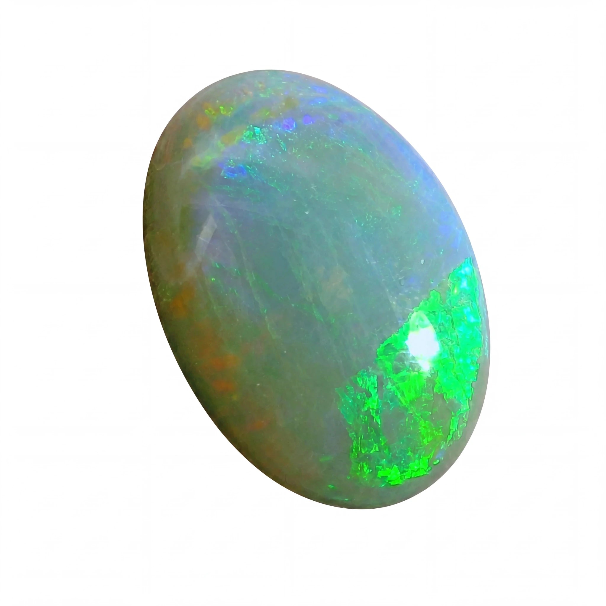 Opal stone with green and blue fluorescence on a white background
