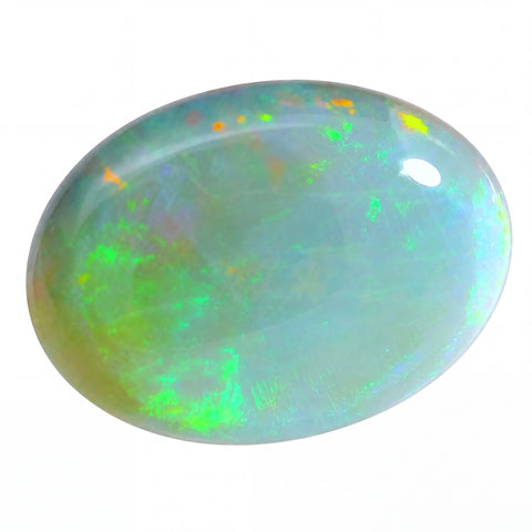 Opal stone with multicoloured fluorescence on a white background