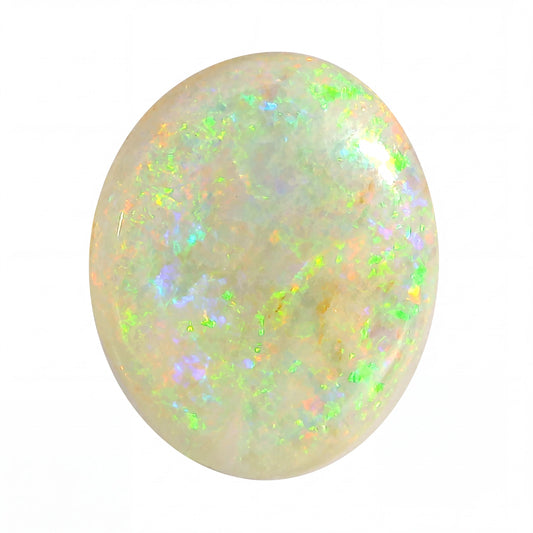 Opal stone with multicoloured fluorescence on a white background