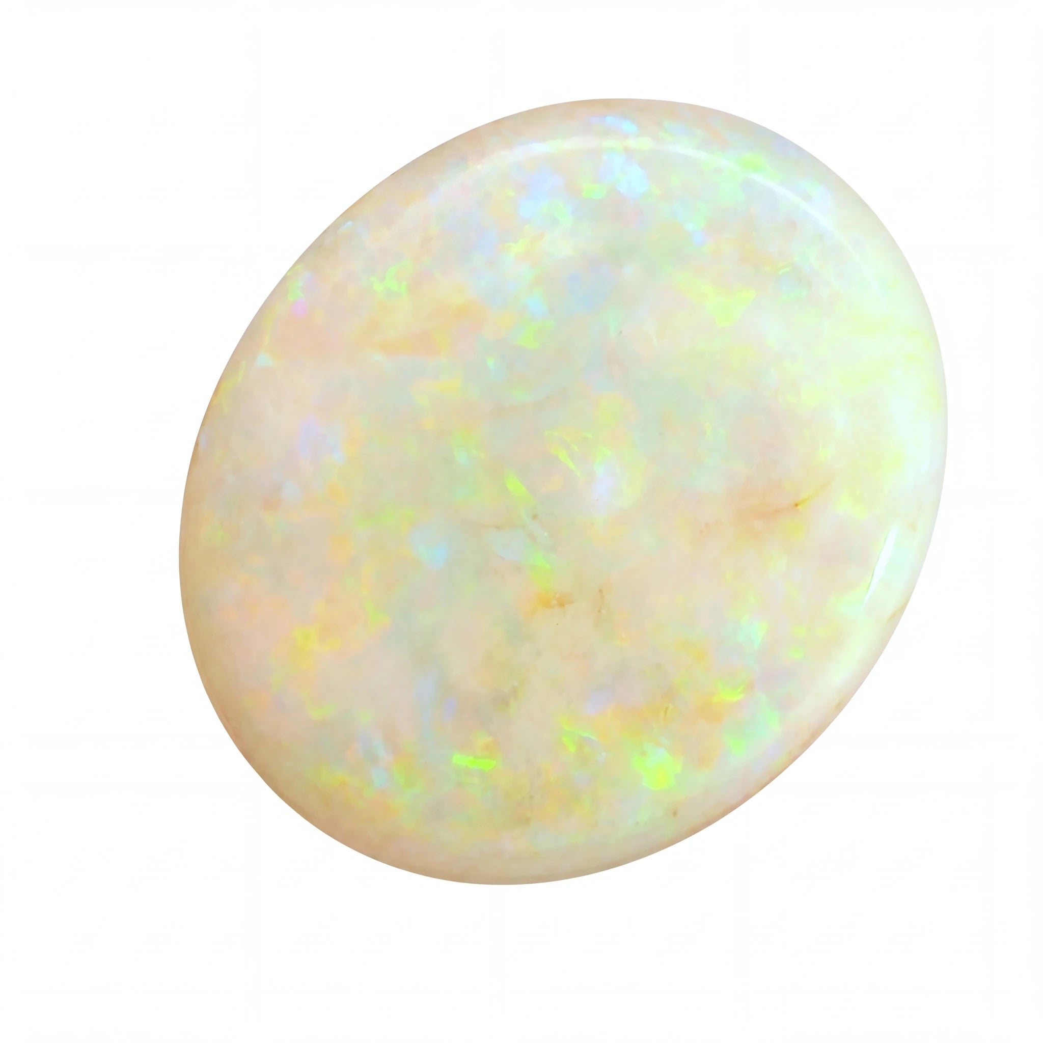 Round opal stone with multicoloured play of light on a white background