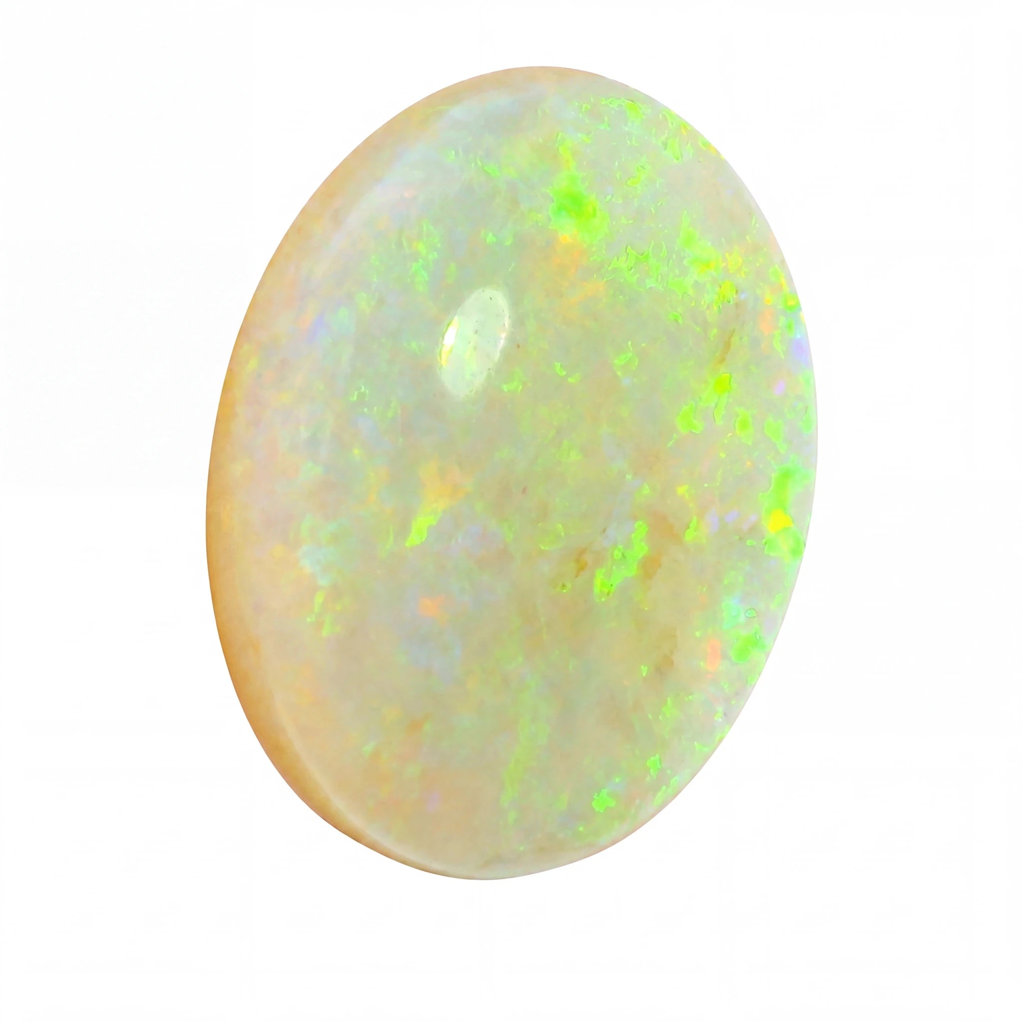 Opal stone with multicoloured play of colours on a white background