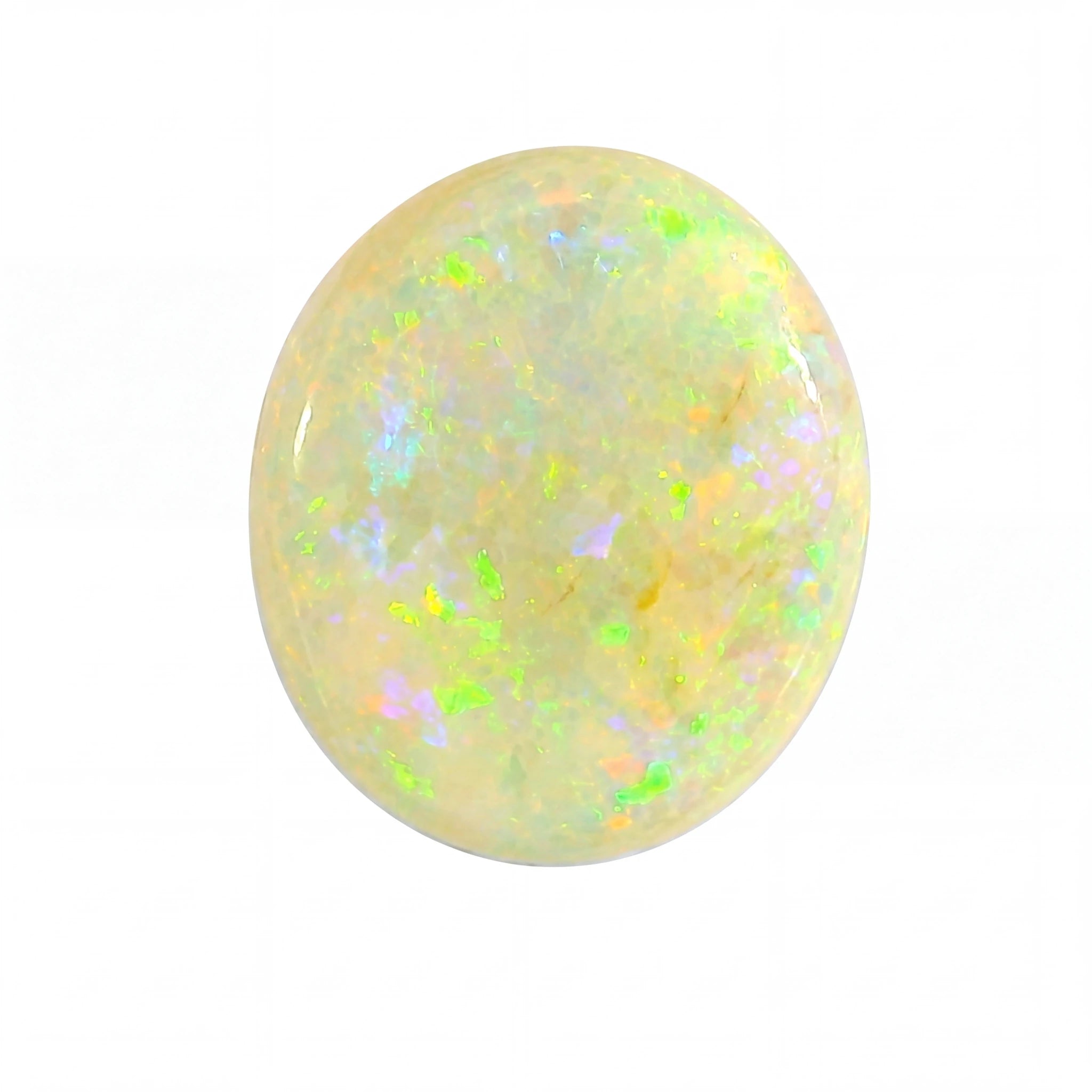 Opal stone with multicoloured speckles on a white background
