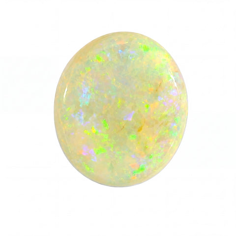 Opal stone with multicoloured speckles on a white background