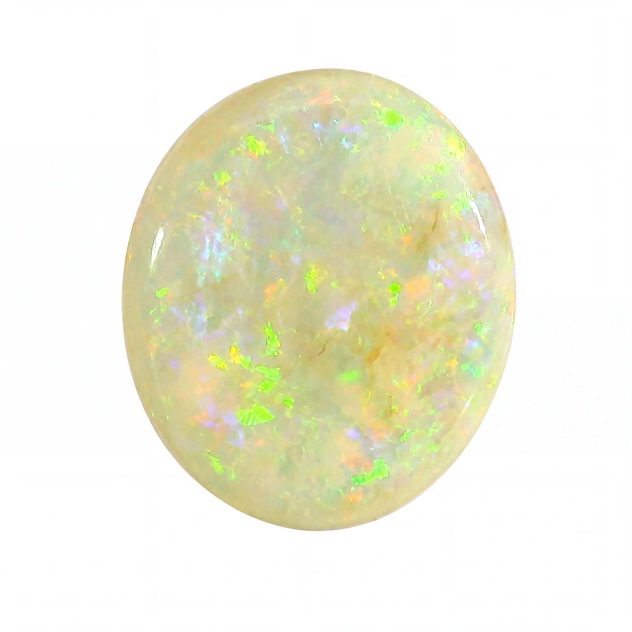 Opal stone with multicoloured fluorescence on a white background