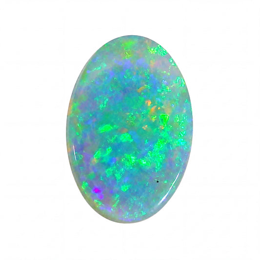 Oval-shaped opal stone with multicolour play of light on a white background