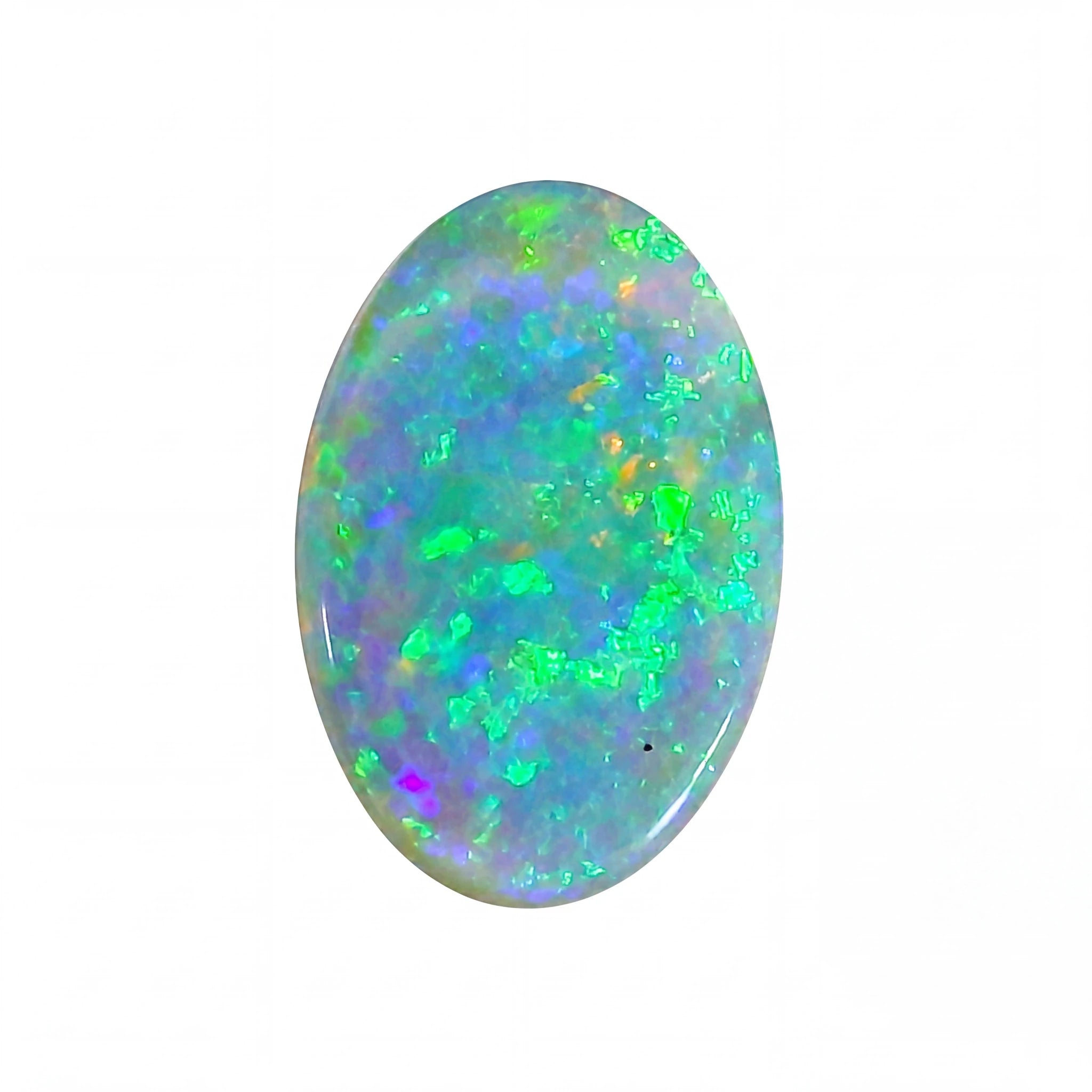 Oval-shaped opal stone with multicolour fluorescence on a white background