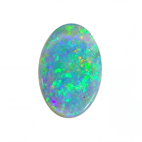 Oval-shaped opal stone with multicolour fluorescence on a white background