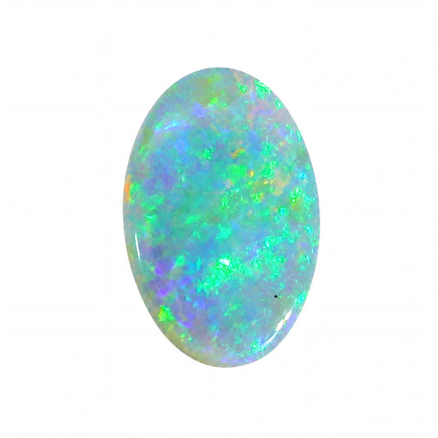 Oval-shaped opal gemstone with multicolour fluorescence on a white background
