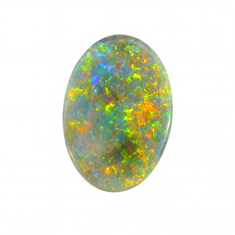 Oval-shaped opal stone with multicoloured play of colours on a white background