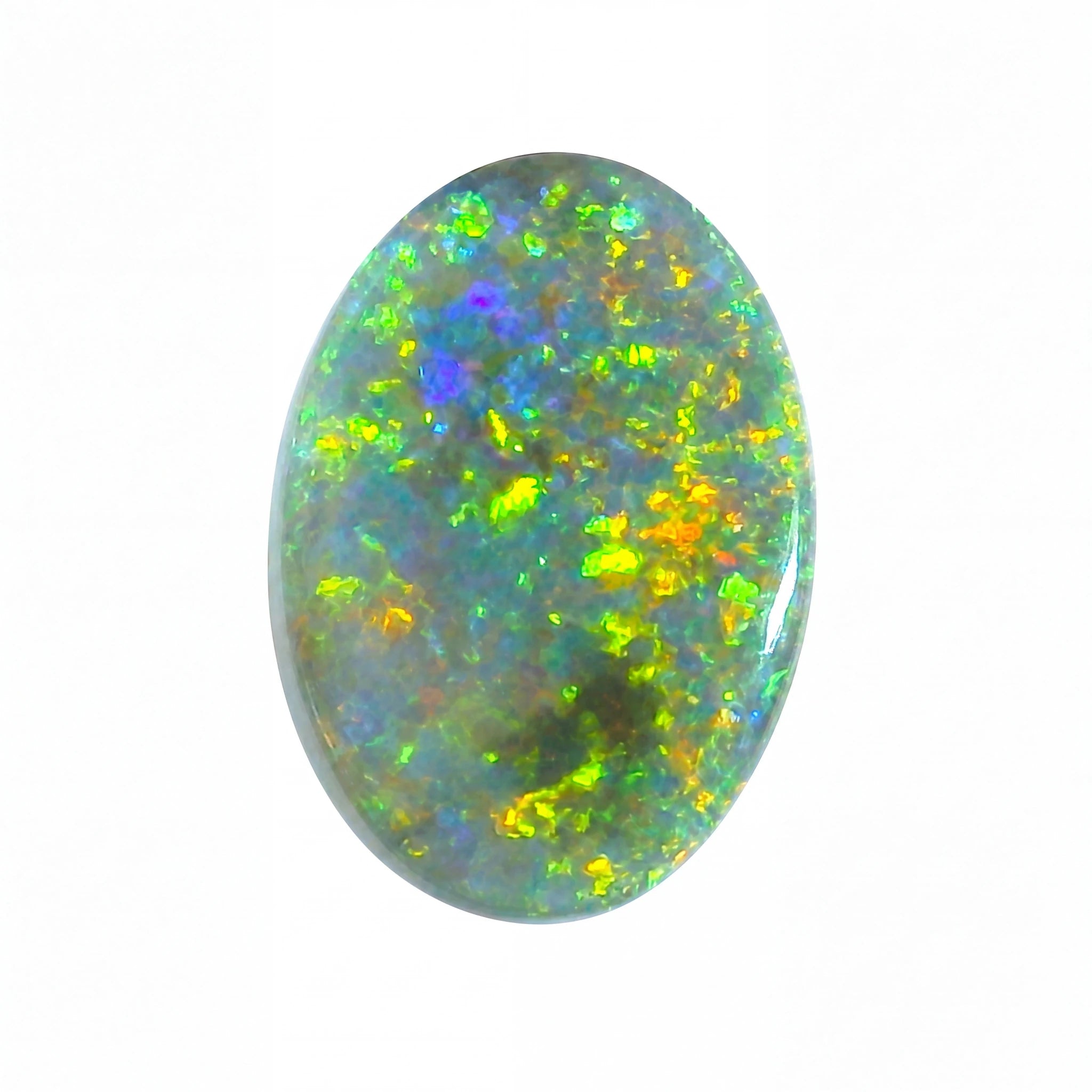 Oval-shaped opal stone with multicolour play of light on a white background