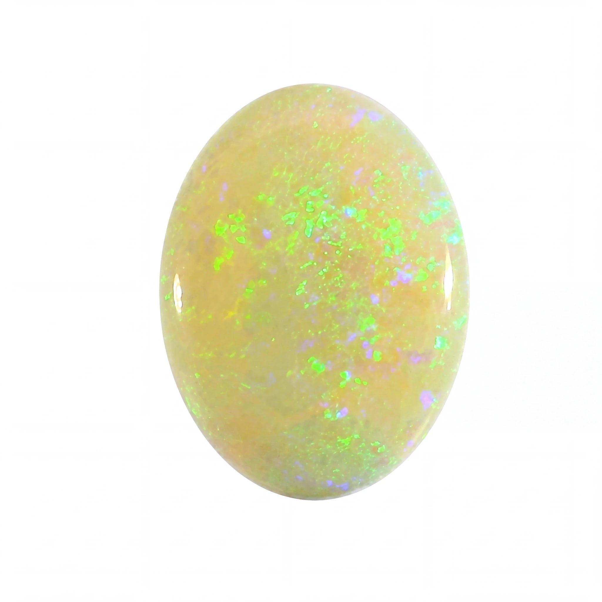 Opal stone with green and purple speckles on a white background