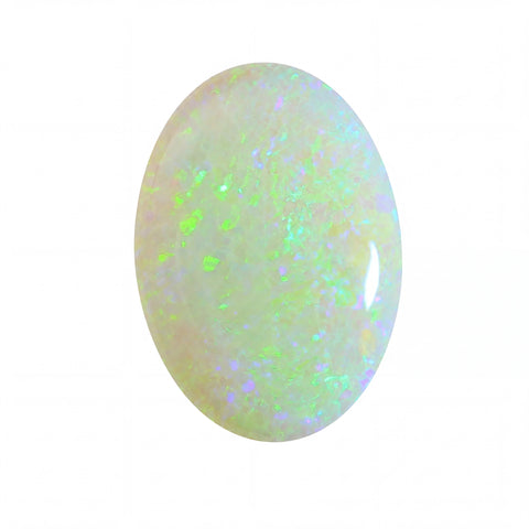 Oval-shaped opal stone with multicoloured play of light on a white background