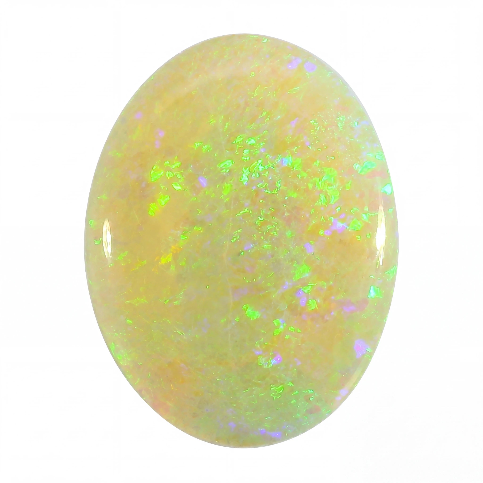Opal stone with green and purple fluorescence on a white background