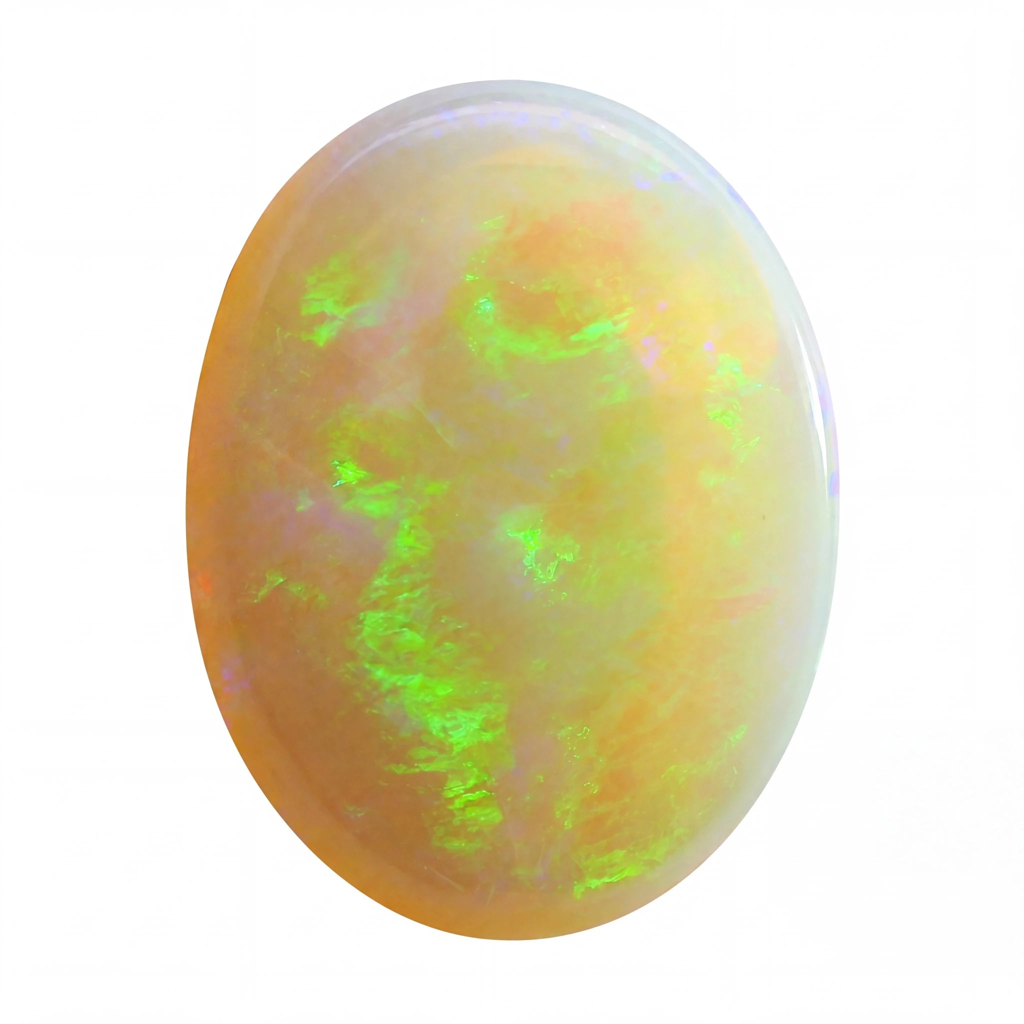 Opal stone with green and yellow colours on a white background