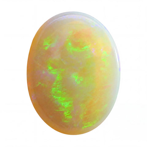Opal stone with green and yellow colours on a white background