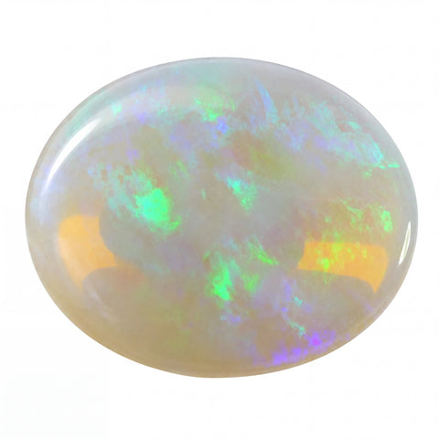 Opal stone with colourful play of light on a white background
