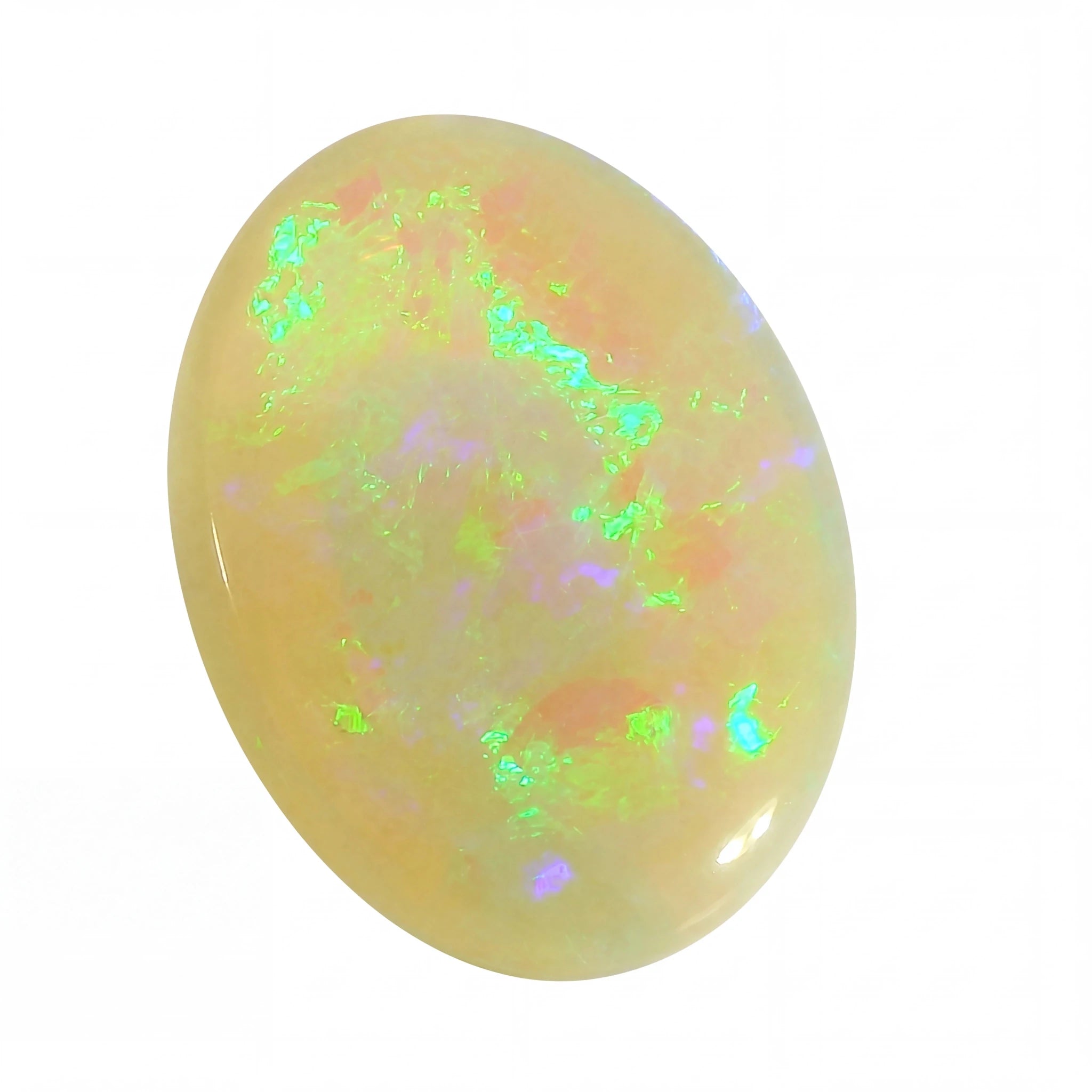 Opal stone with multicoloured play of colours on a white background