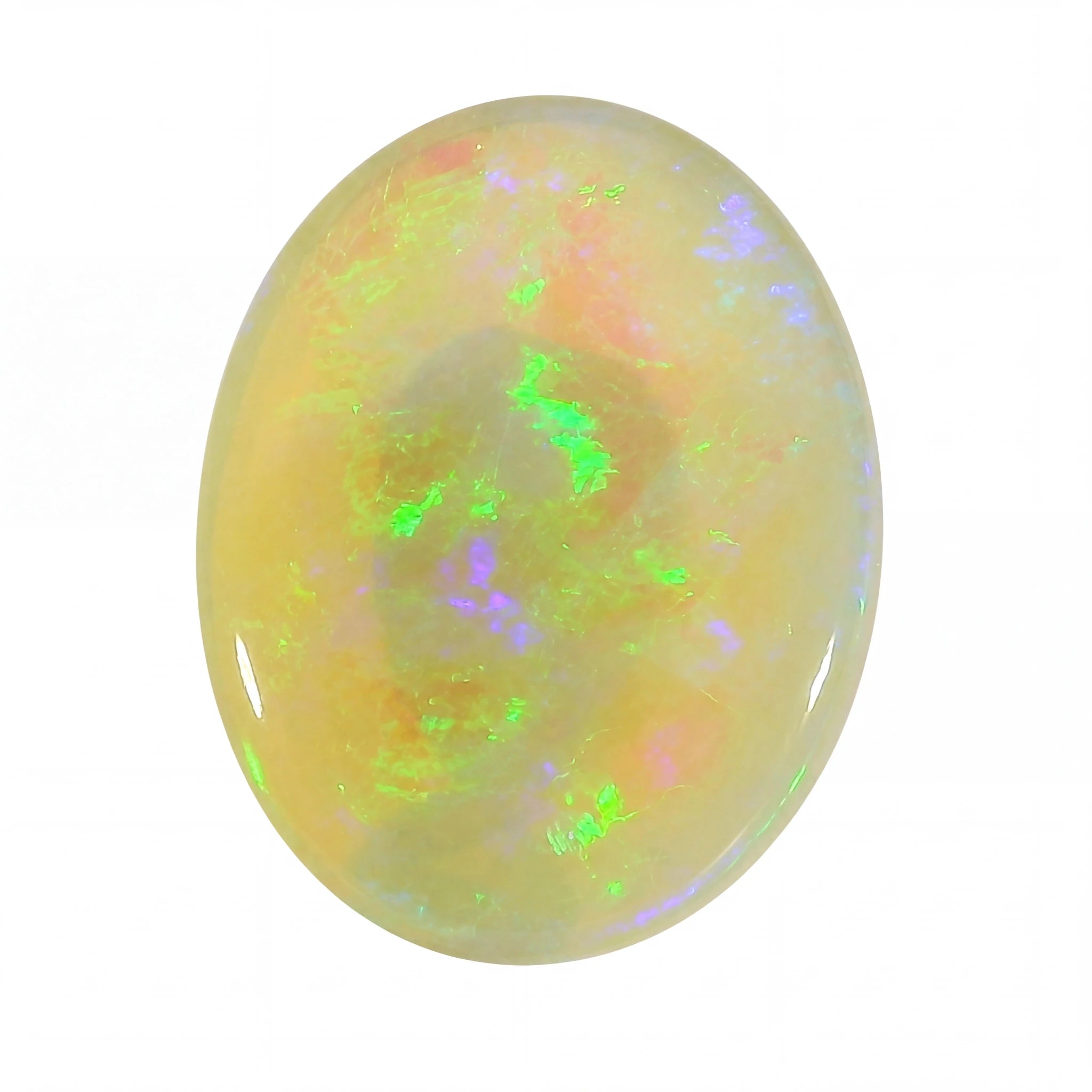 Oval-shaped opal stone with vibrant colours on a white background