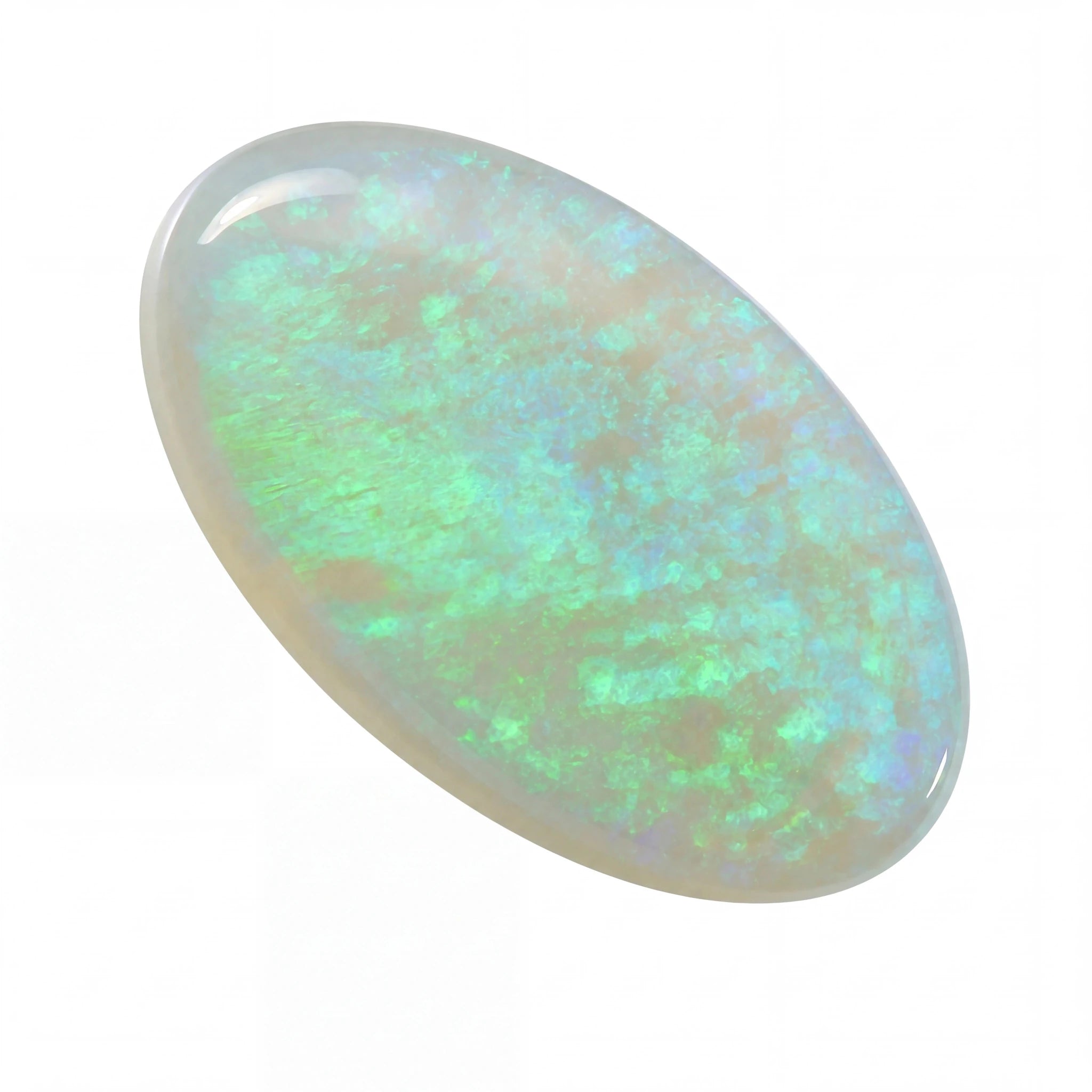 Opal stone with multicoloured patterns on a white background
