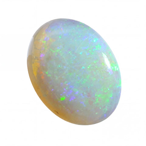 Opal stone with multicoloured play of light on a white background