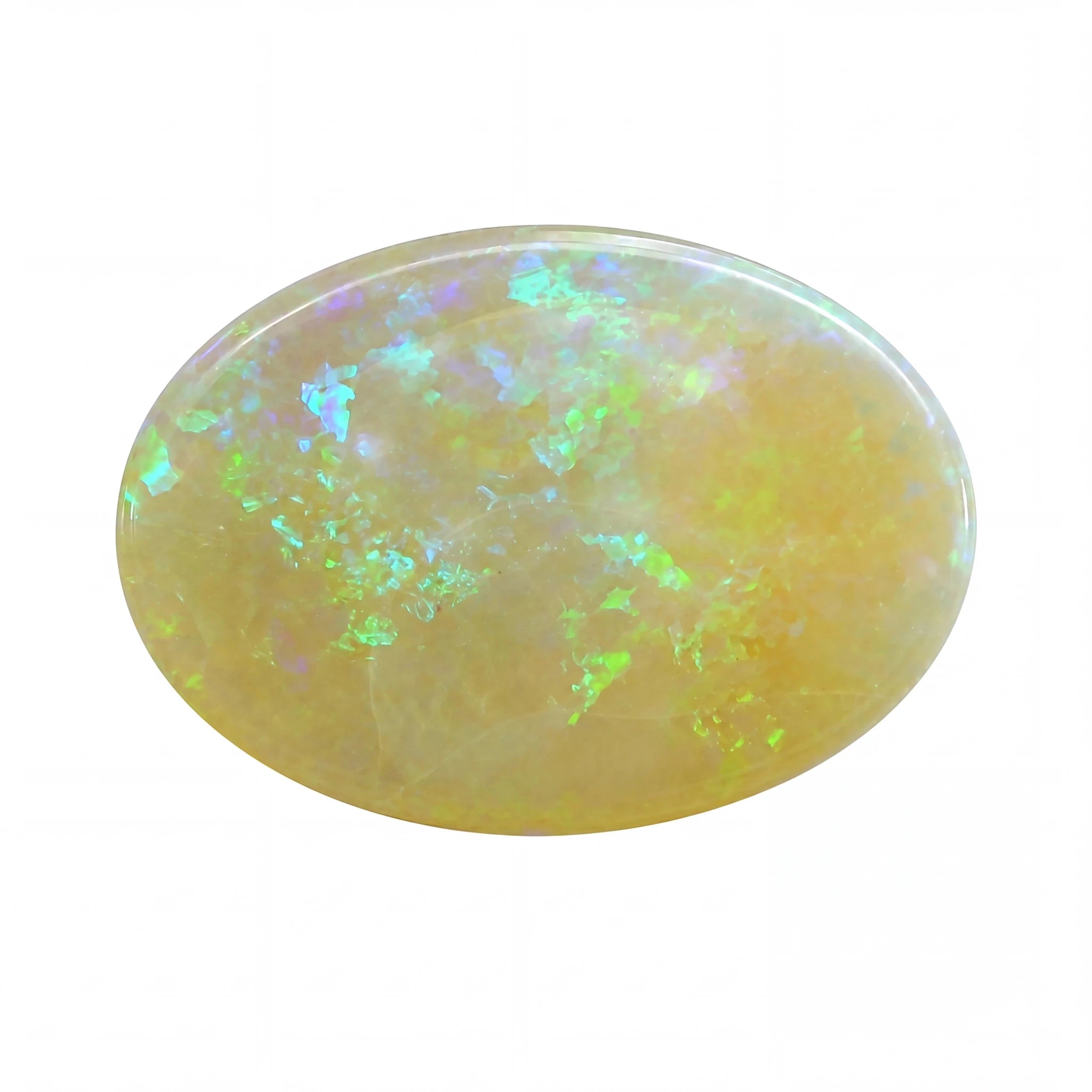 Opal stone with multicoloured play of light on a white background
