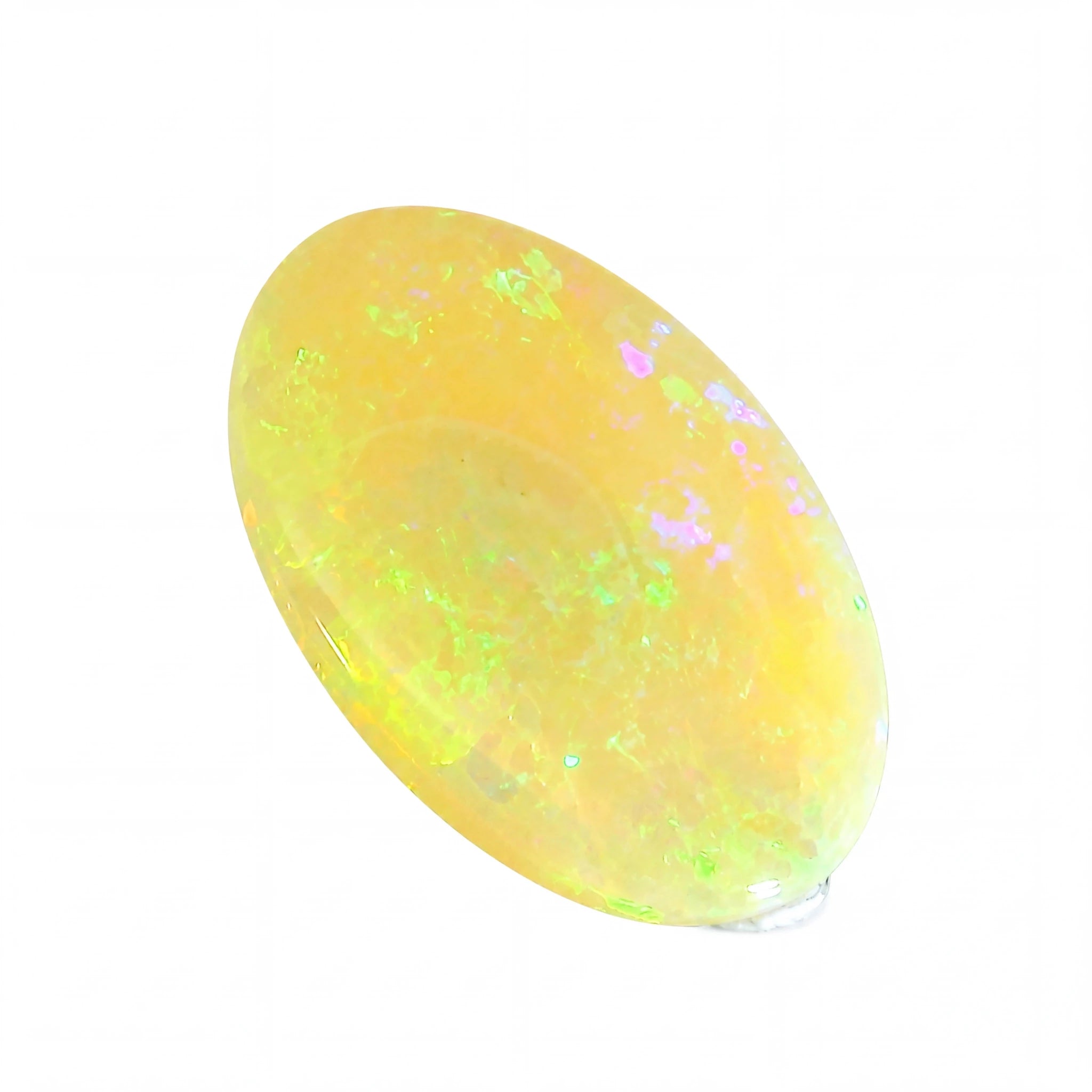 Opal stone with multicoloured play of light on a white background