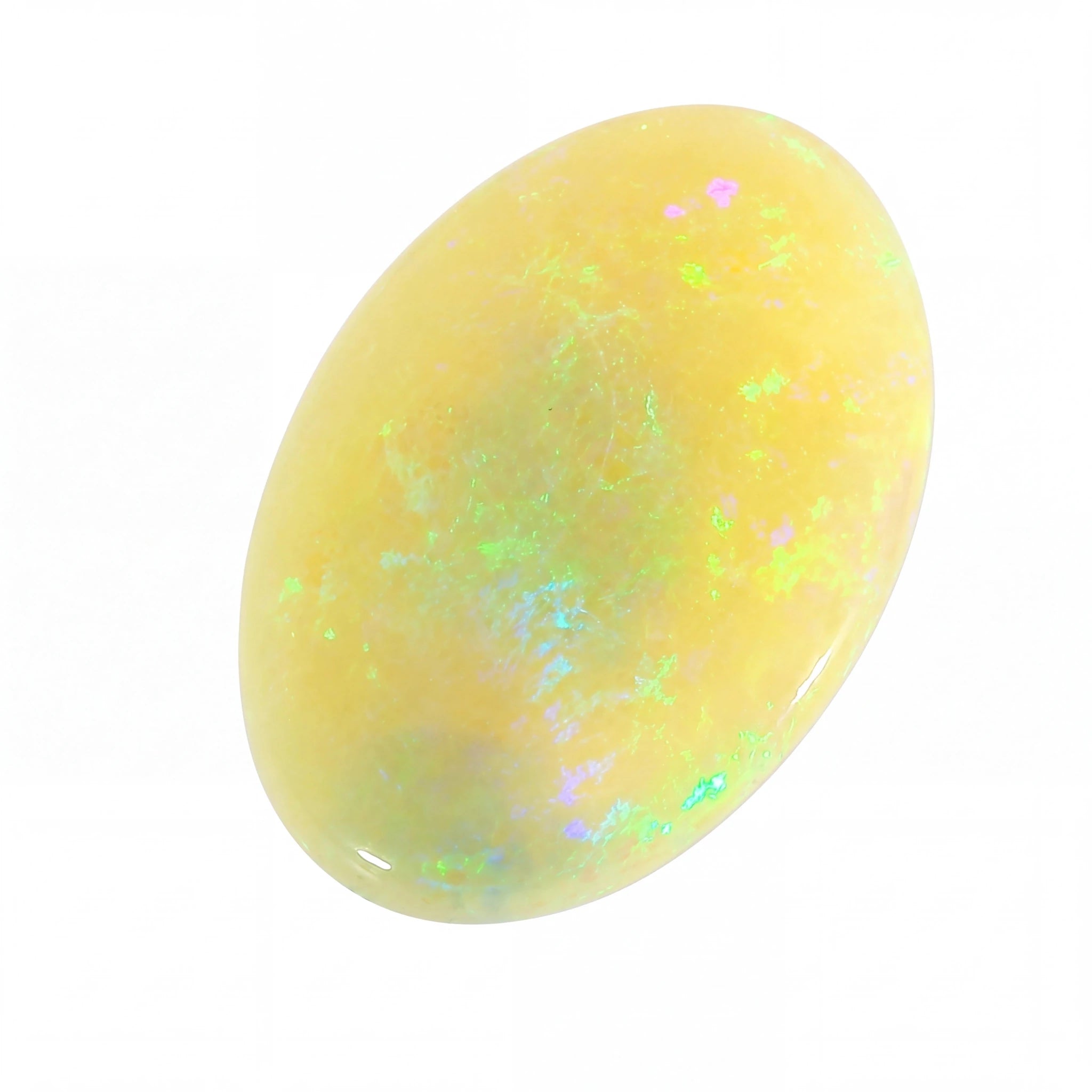 Opal stone with colourful play of light on a white background