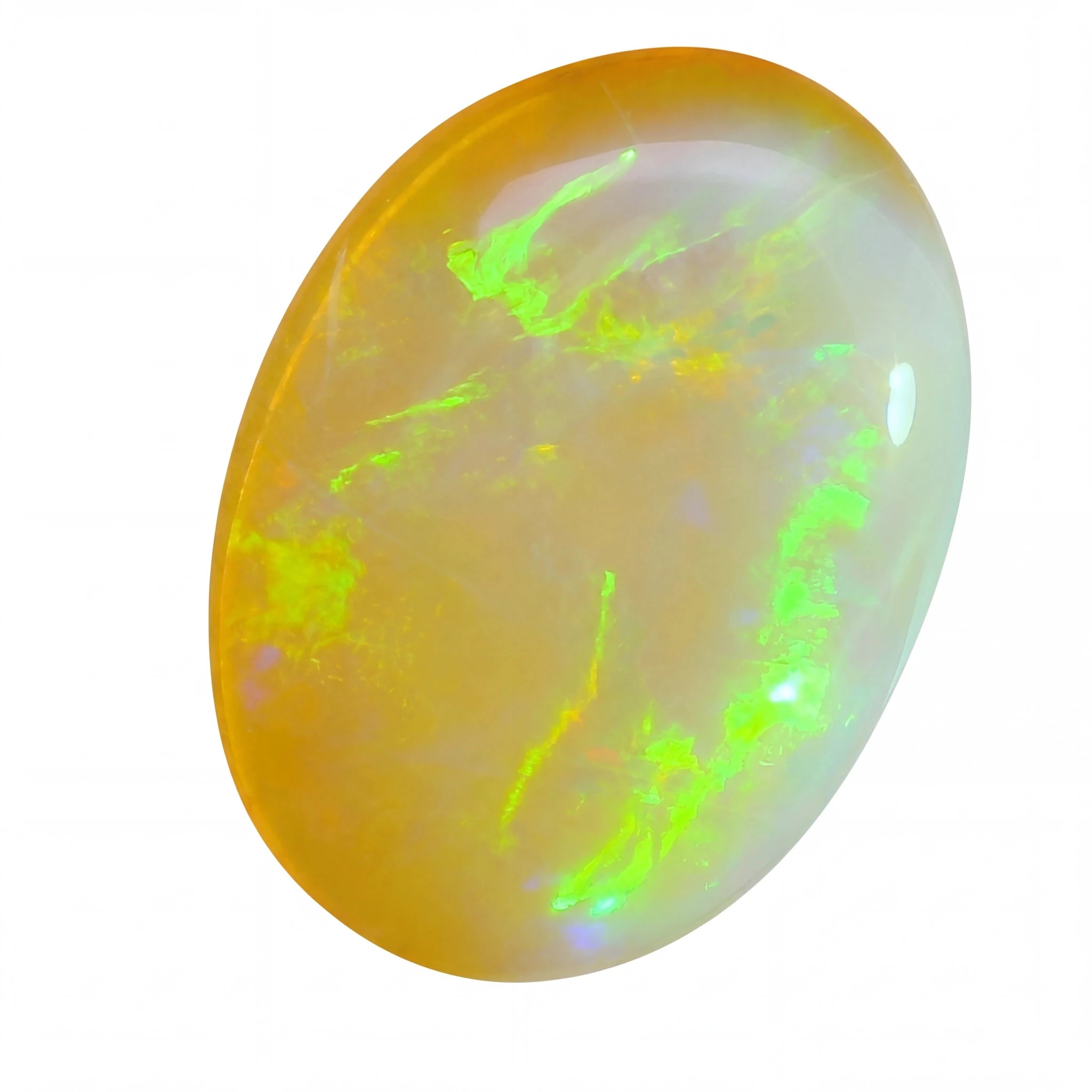 Opal stone with green and yellow fluorescence on a white background