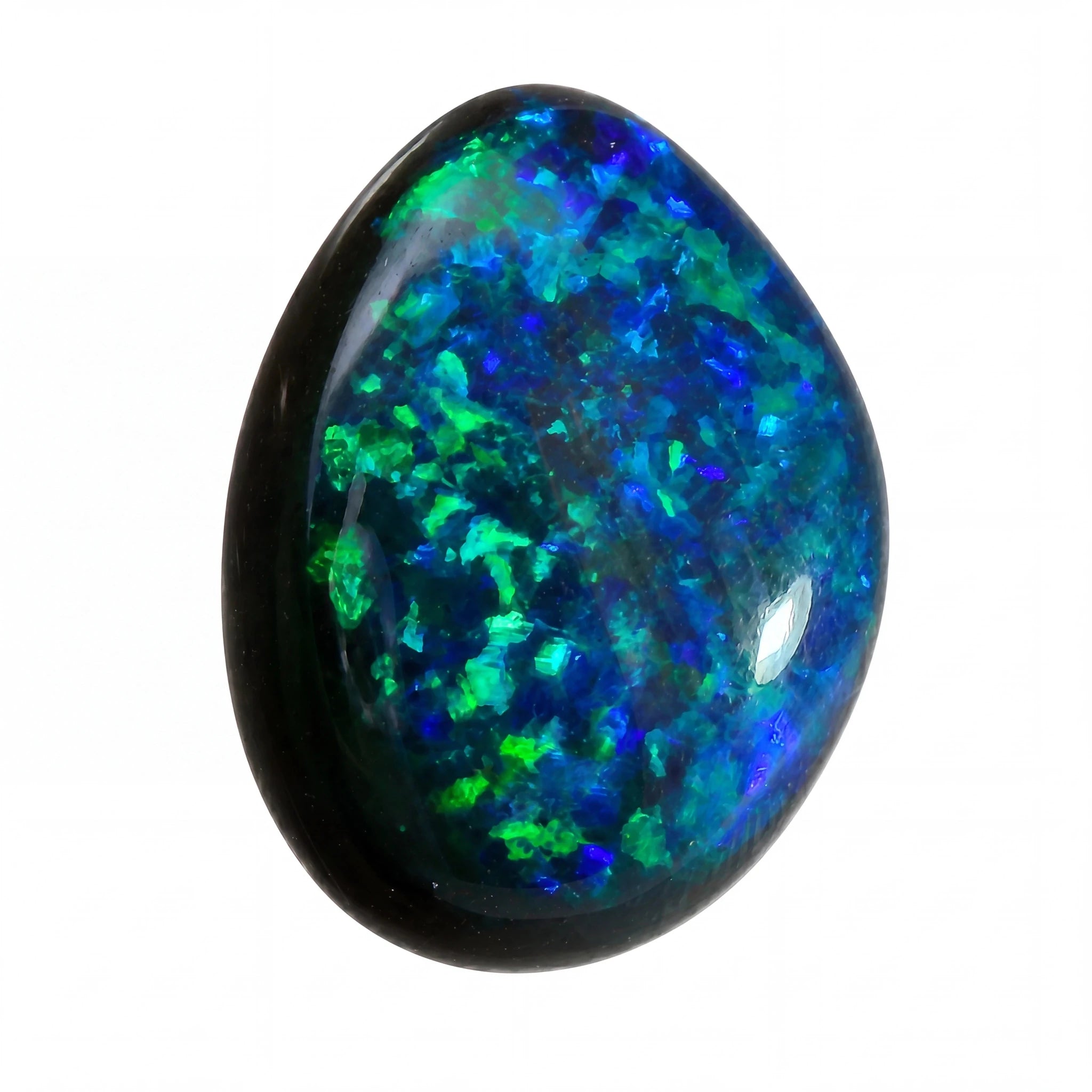 Opal stone with blue and green colours on a white background